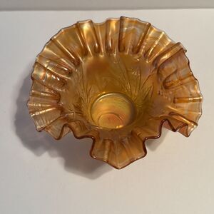 Fenton Marigold Carnival Glass Ruffled Bowl Holly Pattern Iridescent Color Shift
